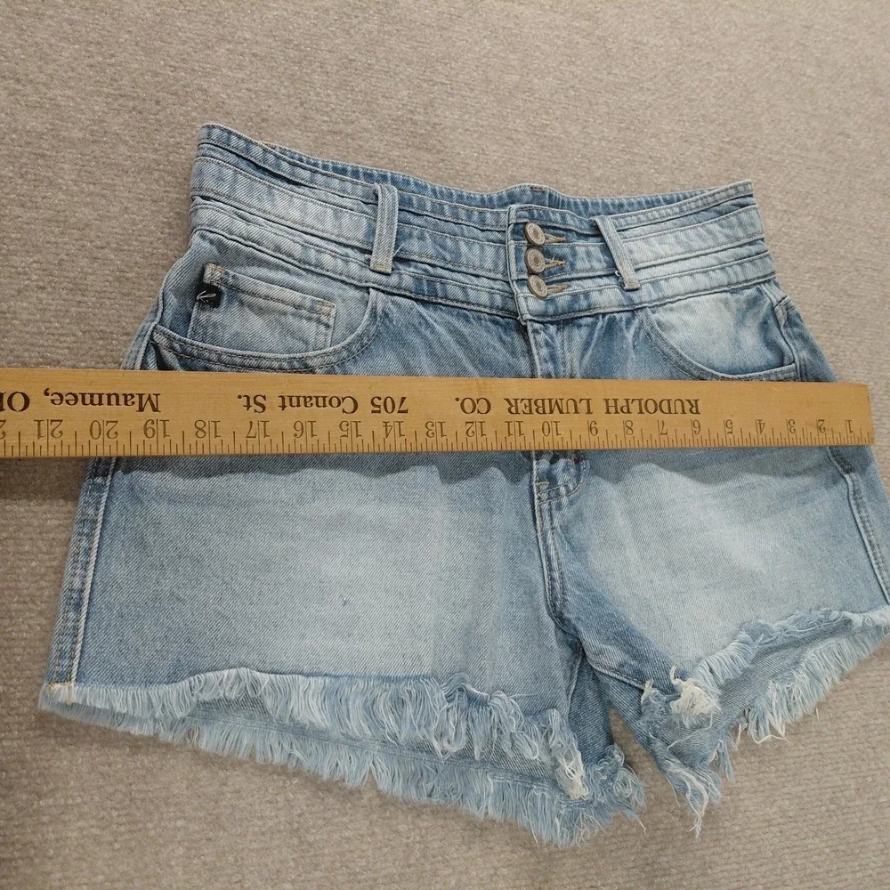 Kancan Women's 9 | 28 High Waisted Thick Band Cut Off Blue Raw Hem Denim Shorts